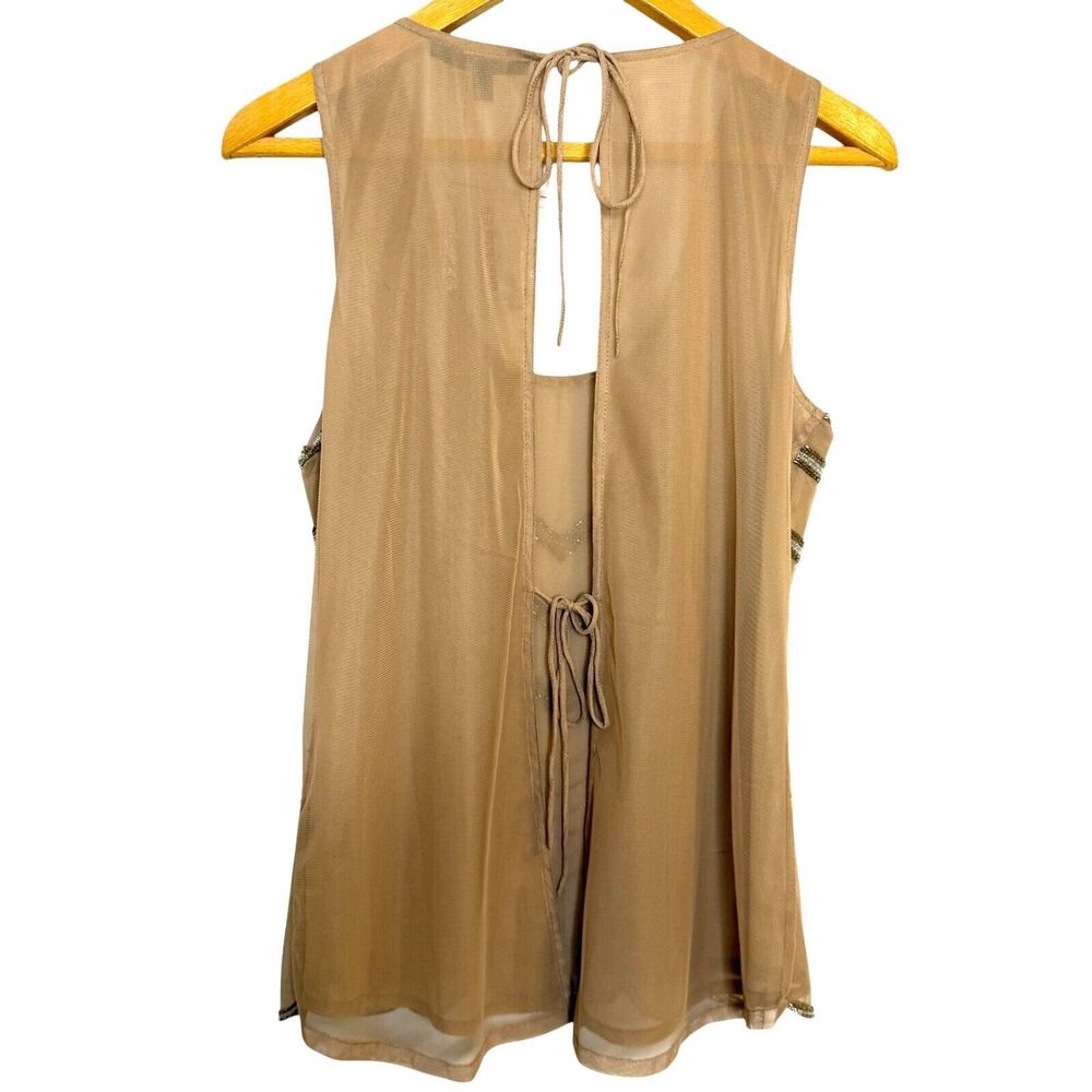 Buckle Sheer Mesh Lined‎ Back Tie Tan Gold Beaded Tank Top Size Small NWT - Picture 4 of 15
